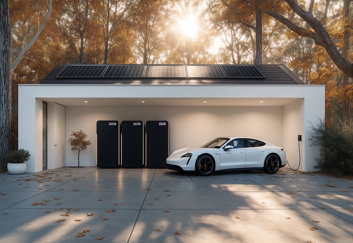 Energy2 batteries in garage with electric car charging and solar panels